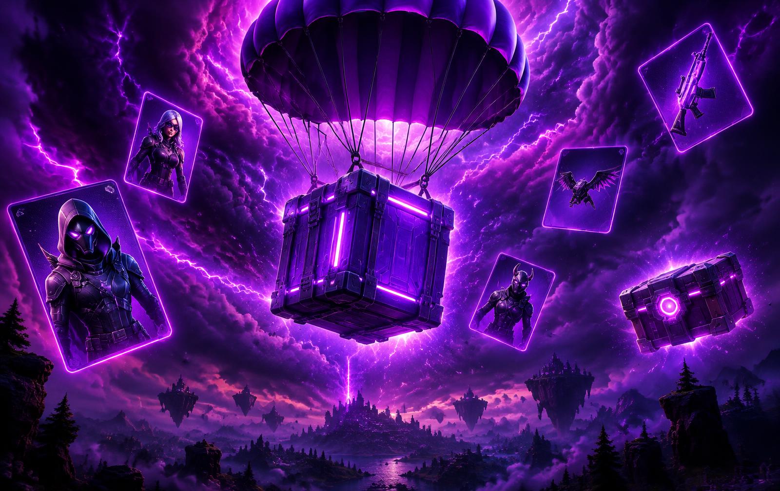 Glowing supply drop falling through a purple storm